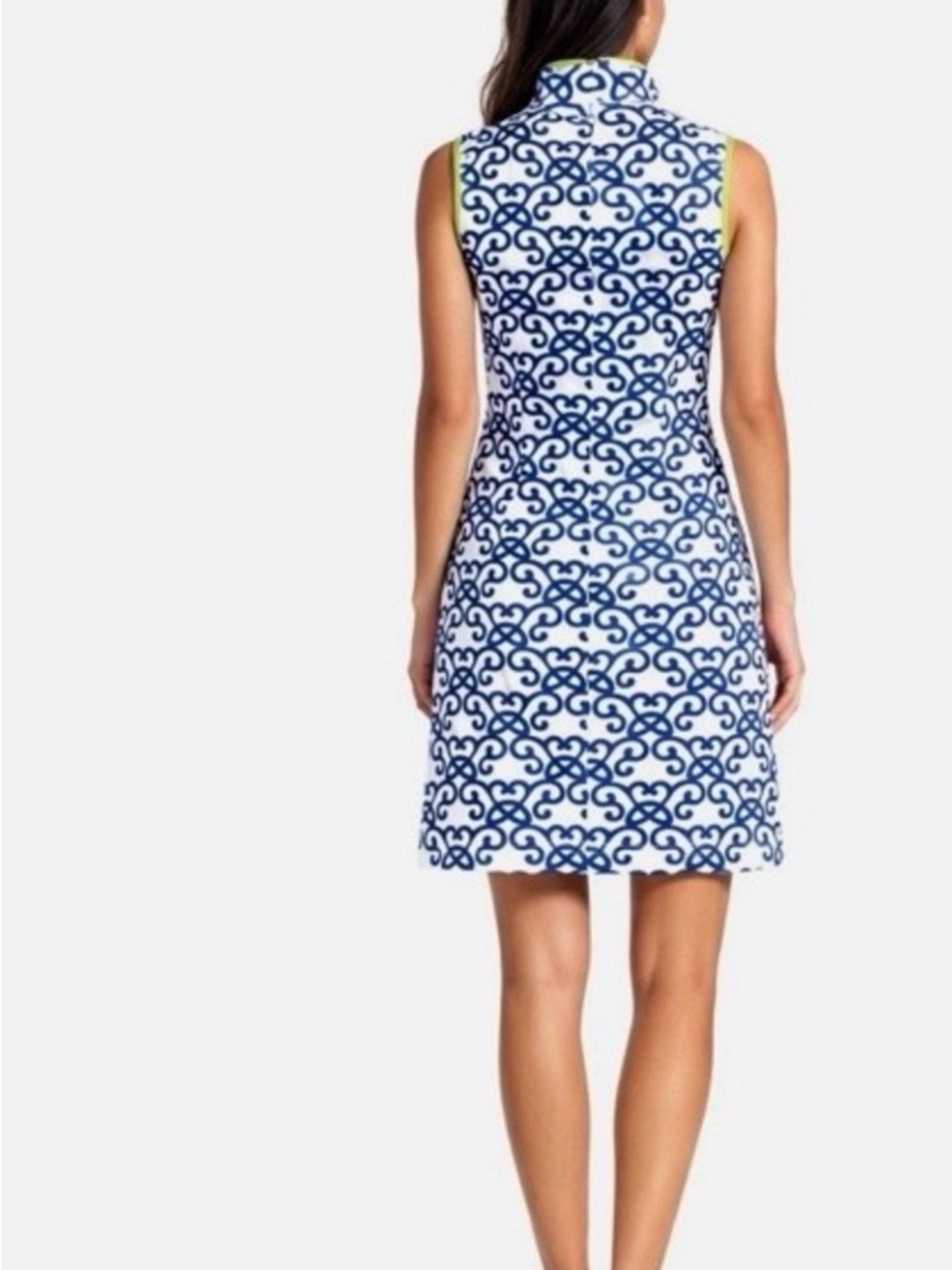 Vince Camuto Navy and White Scroll-Print Sleeveless Shift Dress